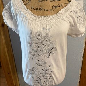 INC International Concepts White Sequin Embroidered Blouse NWOT